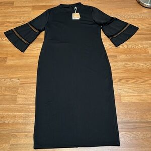 NWDT Noracora, solid onyx black 3/4 sleeve elegant evening midi dress. Size 3X.